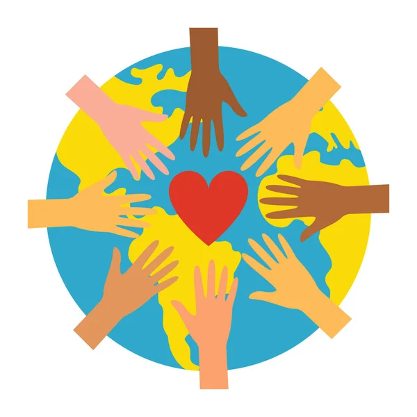 Planet Earth, hands and heart - a symbol of peace and unity. Ukraine, flag. Vector illustration