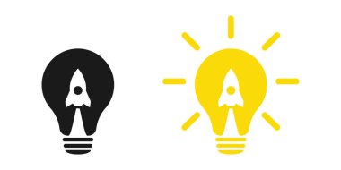 Lamba ve roket. Ampul ve uçak sembolü veya simgesi. Kalkış konsepti