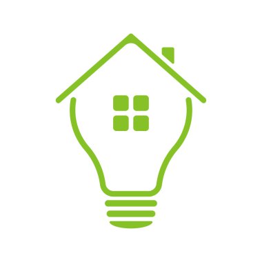 Evin logosu olan bir lamba. Eko dünya, ev, enerji tasarrufu lambası sembolü. Görüntü