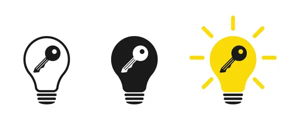 Key icon in a light bulb. Icon set. Illustration.