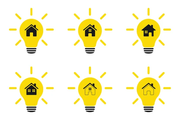 Set of light bulbs with house logo. Eco world, home, energy saving lamp symbol. Illustration