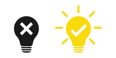 Bulb icon with check mark and cross. Illustration clipart