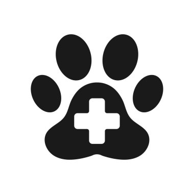 Evcil hayvanlar için ilk yardım ikonu. Bir köpek ya da kedi pençesi izi. Tıbbi haç sembolü. Görüntü