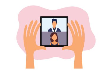 Ellerinde tablet var. Video konferansı. Görüntü