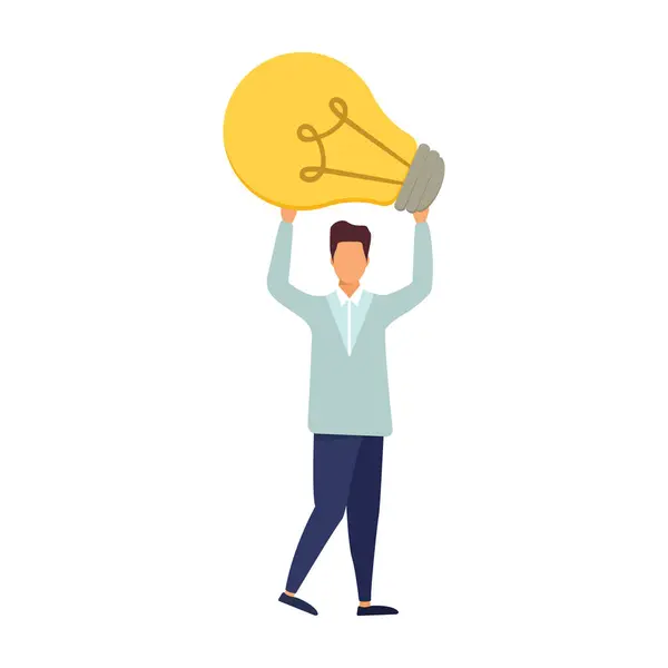 Brainstorming, project management, generating new ideas, finding solutions, product development. A man with a light bulb. Illustration in flat style.