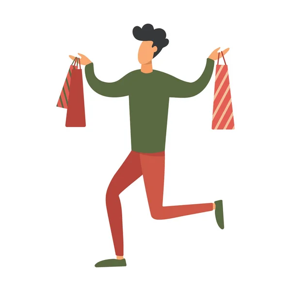 Holiday discounts. A man goes shopping. Vector illustration.