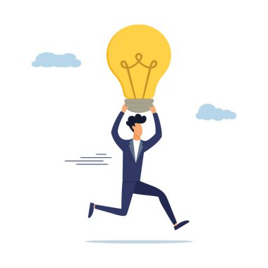 Cevaplar ya da problem çözme, yardım ya da yaratıcı düşünme fikri. İş adamı elinde ampulle aceleci davranır..