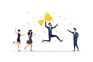 Victory concept. Work success or team victory, career success or champion celebration, joyful colleagues celebrate success by winning a trophy. Illustration clipart