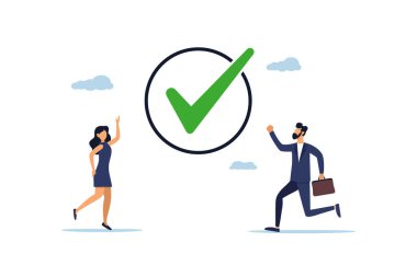 Başarı ya da başarı işaretleri, tamamlanmış iş konsepti, mutlu iş adamları bir projeyi tamamladıktan sonra işaretleri kontrol ediyorlar. Görüntü