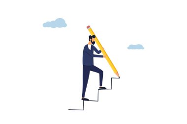 Başarı konsepti. İlerleme ve hedefe ulaşma, başarıya giden yol veya merdiven kavramını geliştirme motivasyonu, akıllı iş adamı kalemle büyük bir merdiven çekiyor. Görüntü