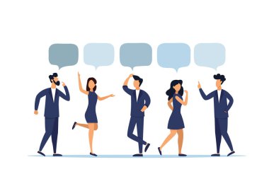 İllüzyon, düz stil, insanlar konuşuyor. Konuşma balonu. Beyaz bir arkaplan üzerine tartışan ve düşünen insanlar..