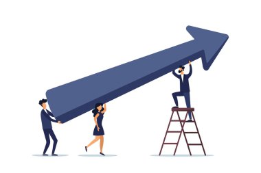 İş geliştirme planı, ekip ve topluluk, başarı kavramının elde edilmesine yardımcı olur, iş adamı ve bayan meslektaşlar veya takım büyümek için okun ilerlemesine yardımcı olur. Görüntü
