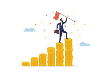 Finansal özgürlük kavramı, parasal başarılar veya kâr, tasarruf veya yatırım hedefleri kavramı, bir yığın para üzerinde zafer bayrağı taşıyan başarılı işadamı. Görüntü