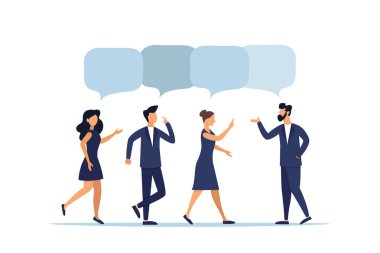 Konuşma balonu. Beyaz bir arkaplan üzerine tartışan ve düşünen insanlar. İllüzyon, düz stil, insanlar konuşuyor.. 