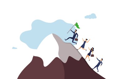 İş misyonu başarısı, bir ekibe bir hedefe ulaşmak için liderlik etme motivasyon, dağa ulaşmak için koşan iş adamlarından oluşan bir ekip. Görüntü