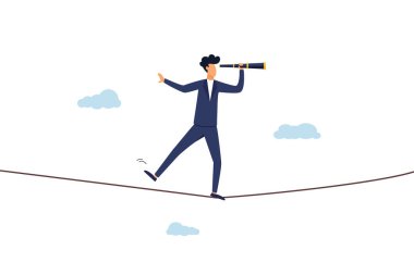 Risk yönetimi konsepti. Fırsat arayışı, belirsizlik durumunda kâr, durgunlukta yatırım vizyonu, bir iş adamı teleskoptan bakar, riskli bir ipte yürür..