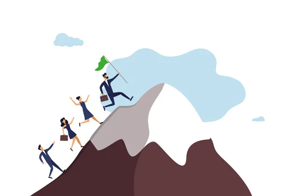 Business mission success, leadership to lead a team to achieve a goal, motivation to achieve success, team of business people running to reach the mountain. Illustration