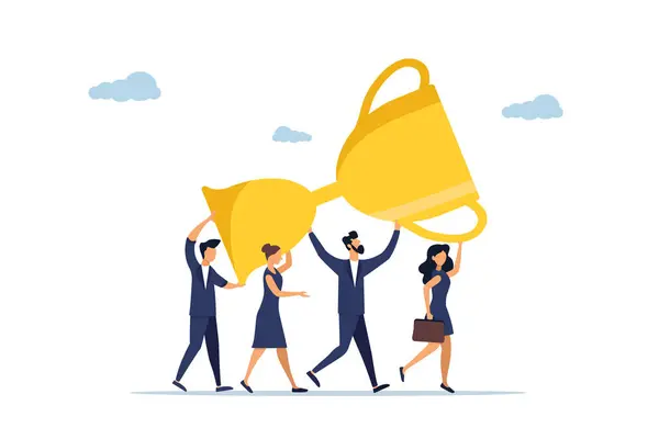 Working together to achieve a business goal, partnership or collaboration concept, business team people celebrating helping by helping carry big winner trophy.