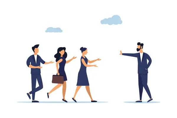Team management concept. Assertive communication with management, compromising behavior to solve problem, businessman leader with calm stop gesture to manage employees. Illustration