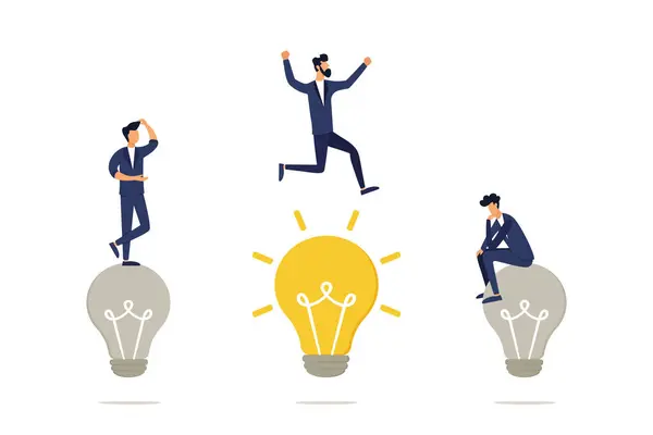 A joyful businessman presses a new idea on a glowing light bulb. The concept of innovation and business reformatting. Team work. Vector illustration.