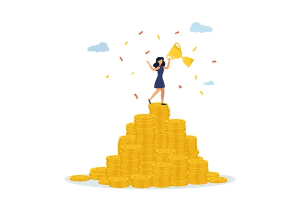 Achieving financial freedom, money achievements or making a profit, savings or investment goals concept, successful business woman holding winner\'s cup on top of money coins. Illustration