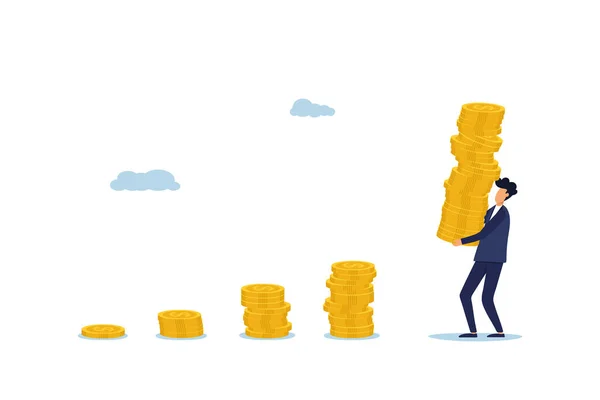 Economic concept of growth and prosperity, businessman investor holding a large stack of dollar coins to put them as a complex growth graph. The effect of compound interest. Illustration