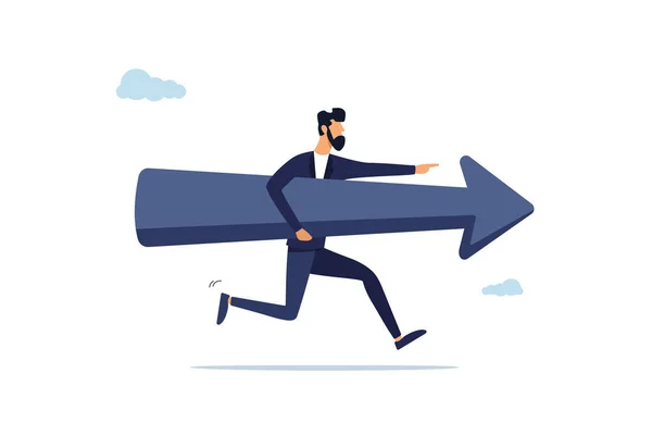 Confident businessman runs in the direction of the arrow. Moving forward to success in the future, business direction and courage, career growth and success concept.