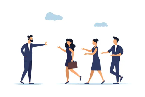 Team management concept. Assertive communication with management, compromising behavior to solve problem, businessman leader with calm stop gesture to manage employees. Illustration