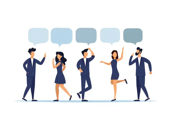 Illustration, flat style, people talking. Speech bubble. People having discussions and thoughts on a white background.