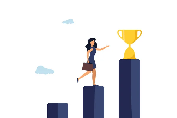 Business woman steps towards the trophy. Career development. Achieving the goal. Illustration