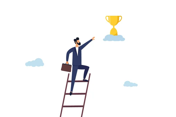 Career success concept. A businessman climbing the career ladder and striving for a winning trophy. Illustration