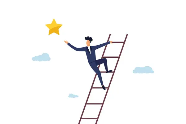 Career success concept. A businessman climbing the career ladder and reaching for a star. Illustration