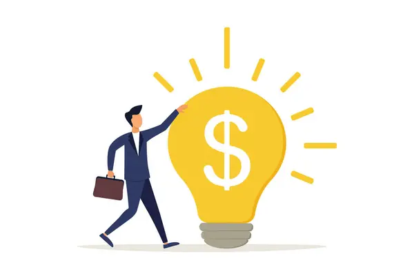 Happy businessman with bright light bulb idea with dollar money sign. Make profit from investment, creativity or innovation, financial idea concept.