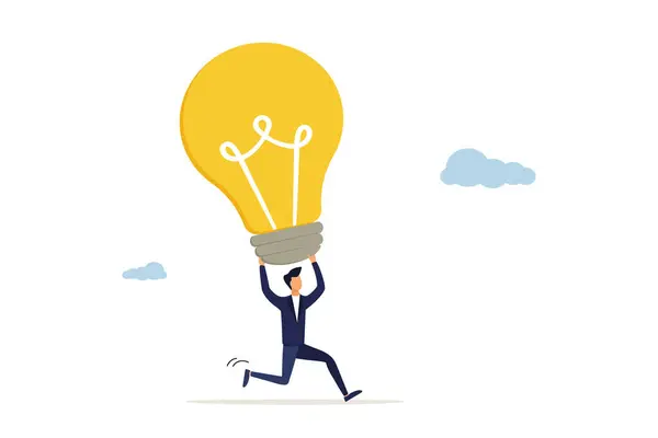 A running businessman carries a big light bulb idea. Big idea, creativity and innovation, problem solving, discovery of new idea concept