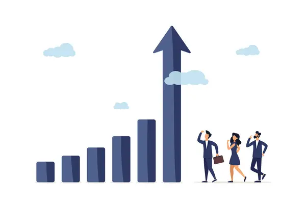 A team of business people looks at the graph arrow rising high. Grow your business, increase sales and profits, growth or progress to achieve your goal and objective. Business development concept.