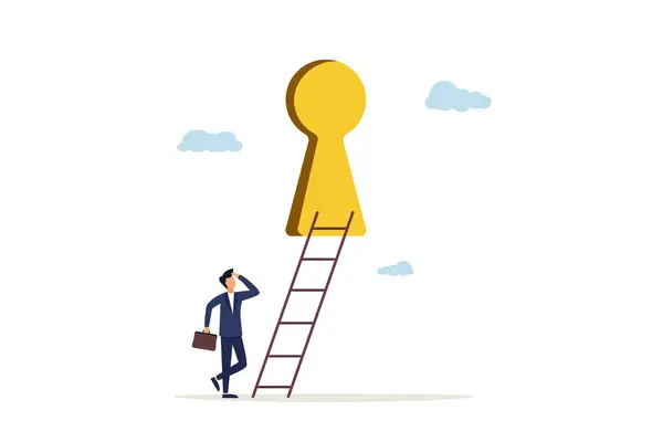 Businessman climbing stairs through secret keyhole. Business opportunity or success ladder, motivation and inspiration concept.
