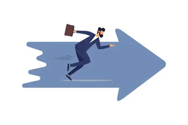 Moving forward to achieve success, ambition or motivation to achieve business goals, ambitious confidence. Businessman running forward on arrow symbol.