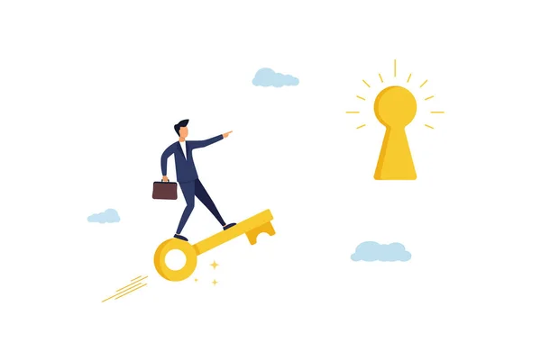 Unlock the secret of creativity to achieve business goals, leadership or motivation to find the concept of opportunity, smart businessman flying on the golden key to open the keyhole of success.