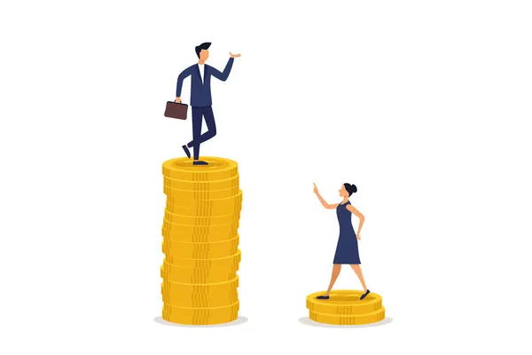 Gender inequality. Pay gap, inequality between man and woman in wages, salary or income, gender diversification concept problem, businessman standing on much higher paid cash coins, woman on lesser coin