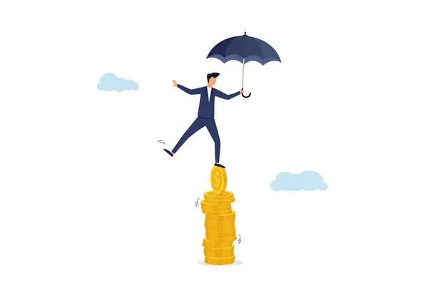 Economic problems, balance or reliability, money management, financial stability, risk or trust, security or wealth accumulation concept, businessman holding umbrella balance on unstable stack of coins.