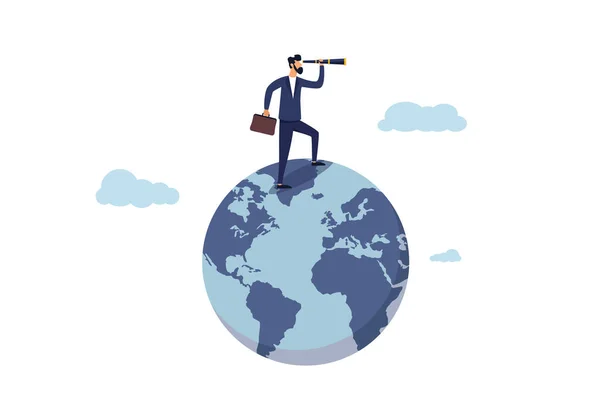 Globalization. Business opportunity concept. Global business vision, world economy. Smart businessman standing on globe with telescope to see vision or future opportunities.