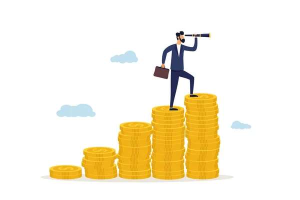 Visionary, look to the future or look for opportunities. Financial success, achieving financial freedom, monetary achievements or making a profit, a businessman looks through a telescope to see a business vision on a stack of cash coins.