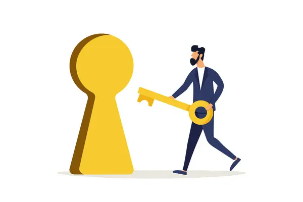 Smart businessman holding a golden key to open a keyhole. The key is to find the answer to the problem and questions, the solution or reason to solve the problem, wisdom or understanding of the concept.