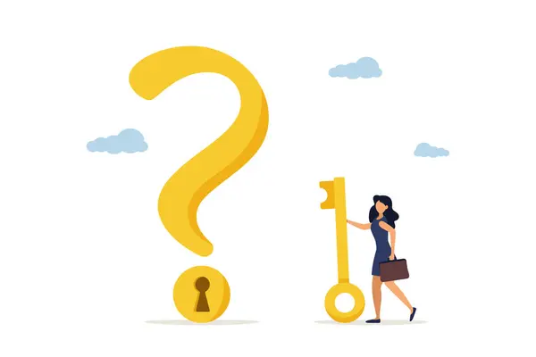 Smart businesswoman holding a golden key to open the keyhole on a question mark. The key is to find the answer to the problem and questions, the solution or reason to solve the problem, wisdom or understanding of the concept.