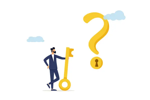 Smart businessman holding a golden key to unlock the keyhole on a question mark. The key is to unlock the answer to a problem and questions, a solution or reason to solve a problem, wisdom or understanding of a concept.