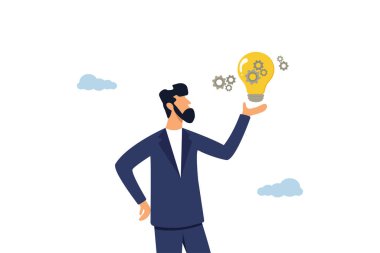 Zeki iş adamı, iş problemini çözmek için yeni teknolojiler icat etmek için yenilikçi ampulleri dişli dişli ve dişli olarak sunuyor. İş başarısı için yenilik, yaratıcılık veya hayal gücü.