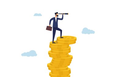 Parlak bir gelecek için teleskop ya da dürbün kullanan iş adamı lideri. Finansal vizyoner, yatırım büyümesi, yükselen faiz oranı veya ekonomik tahmin kavramı.