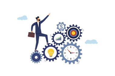 Etkili unsurları olan çarkları olan bir girişimci. Daha iyi sonuç için etkinlik, verimlilik veya verimlilik, kalkınma veya iş yönetimi kavramı.