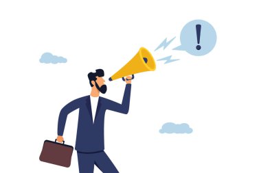 Kendine güveni tam bir işadamı, megafonla ünlem sesiyle konuşuyor. Dikkat duyurusu, hoparlör ya da ünlem işareti yüksek ses konsepti.