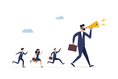 İşadamı lideri megafon takım yönünü gösteriyor. Başarı stratejisi, hedefe ulaşmak için öncü takım, yönetici ya da şirket görevi kavramı.